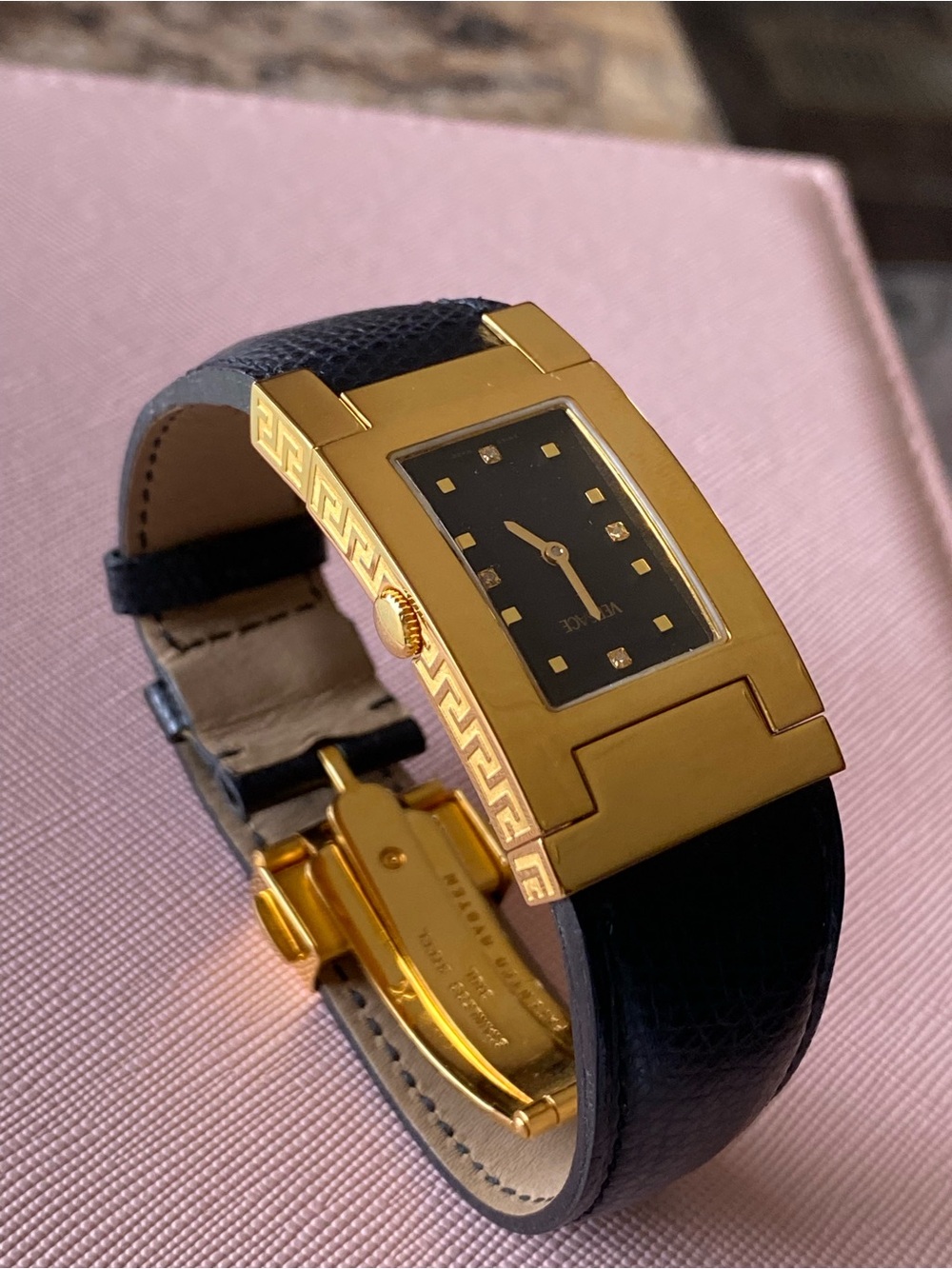 Versace Gold-Tone Rectangular Case Black Leather Strap Watch